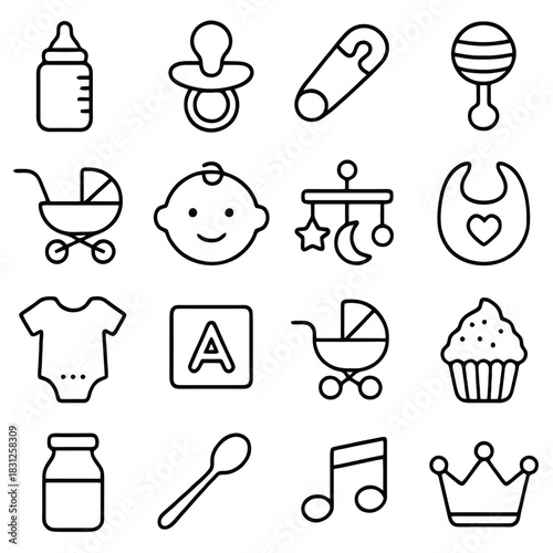 A collection of baby essentials: An assortment of line art illustrations, featuring essential items for a newborn's needs, from feeding and comfort to playtime and nourishment.