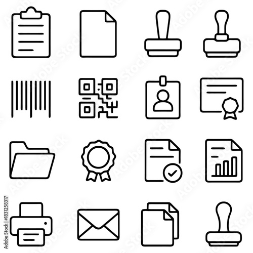 Essential Office Elements: A minimalist array of crucial office supplies, designed in a sleek and modern outline, signifying efficiency and professionalism.