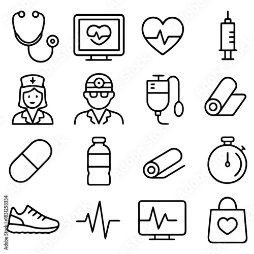 Healthcare Icons: An array of healthcare and medical icons, encompassing essential tools and symbols that embody the essence of the healthcare domain.