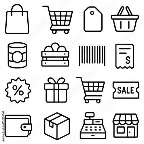 Shopping Symbols Collection: A collection of various icons related to shopping, including shopping bags, shopping cart, price tag, shopping basket, can, fruit basket, barcode, receipt, discount, gift.