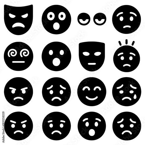Emotional Icons: A collection of various icons capturing different emotional expressions, with focus on sadness, joy, anger, shock and the human experience.