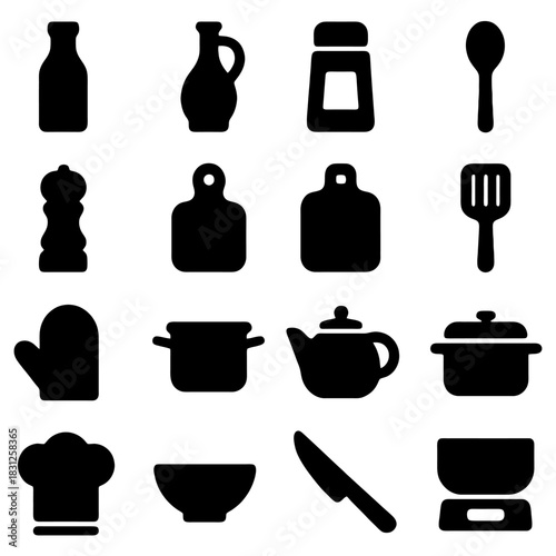 Culinary Essentials: A graphic arrangement showcases various kitchen tools and utensils, representing the fundamental elements for culinary creations.