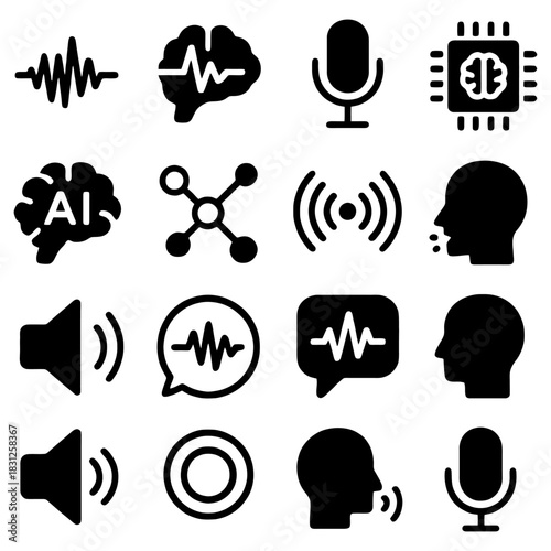 Iconic Communication Symbols: A collection of meticulously designed icons representing voice, audio, sound, artificial intelligence, and human communication.