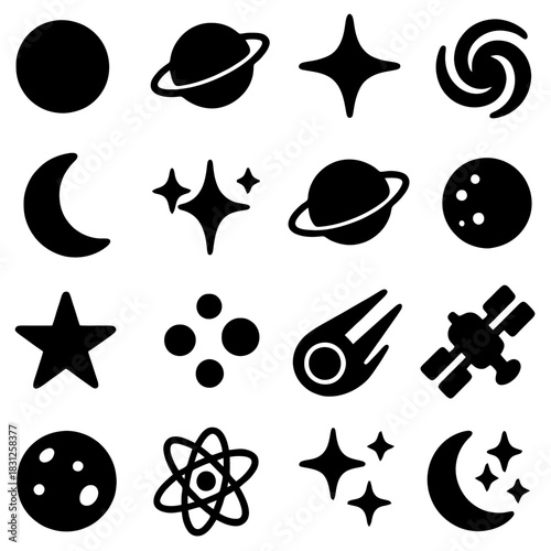 Celestial Symphony of Icons: A captivating collection of cosmic icons, each a symbol of the vast universe, from radiant stars and celestial bodies to planets and orbital satellites.