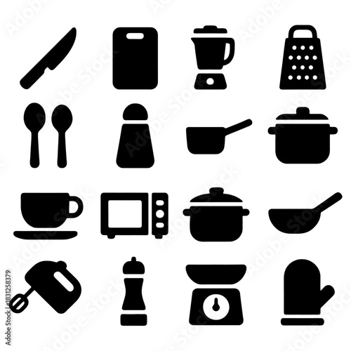Kitchen Utensils Silhouettes: A collection of various kitchen essentials, each rendered as a sleek silhouette, ready to inspire creativity and delicious outcomes.