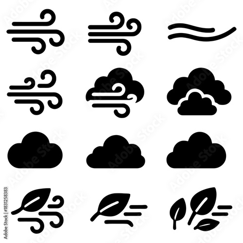 Wind and Cloud Icons: A collection of various icons representing the wind, clouds and leaves, perfect for illustrating weather conditions and natural elements.