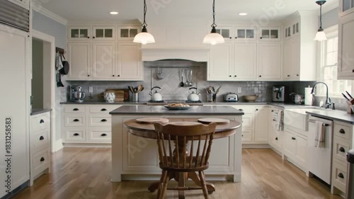 Modern kitchen with white cabinets, island, and wooden floor