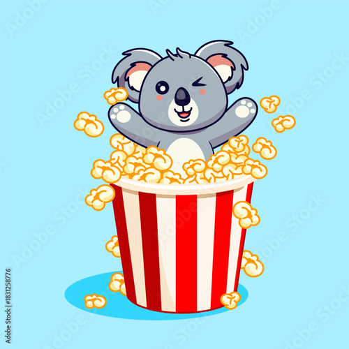 Cute Koala Winking in Popcorn Bucket Vector Illustration Cartoon Kawaii Design