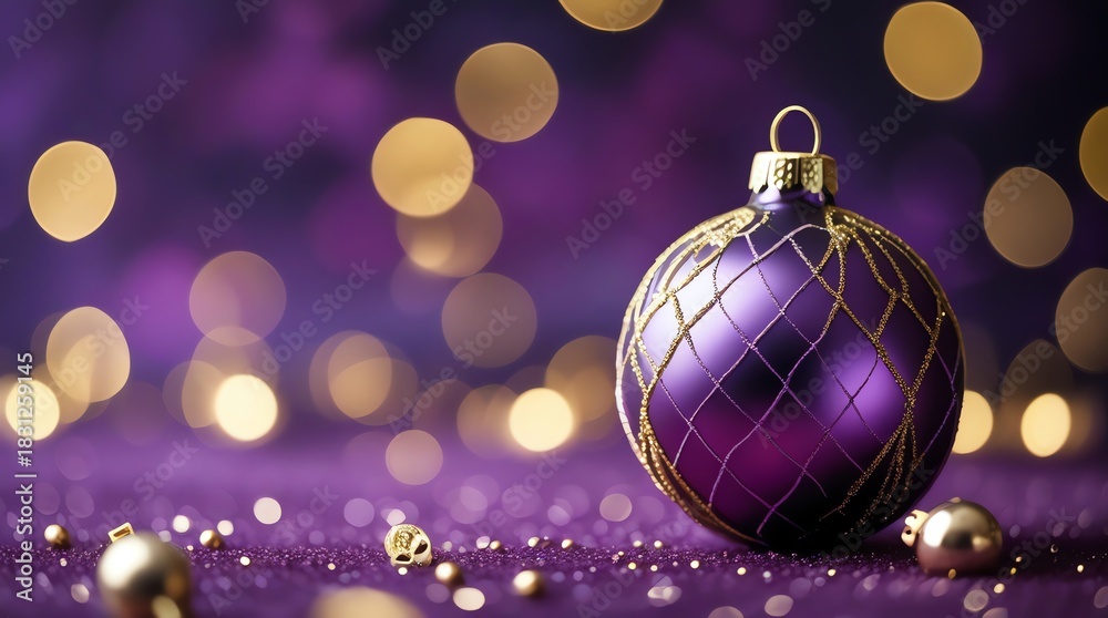 Fototapeta premium A closeup of a purple Christmas ornament with gold netting on a sparkly purple surface