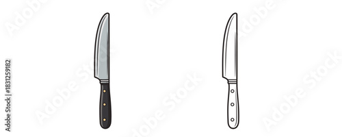Vector illustration featuring a metal kitchen knife in two styles: a colored version with a black handle and a minimal black outline contour version