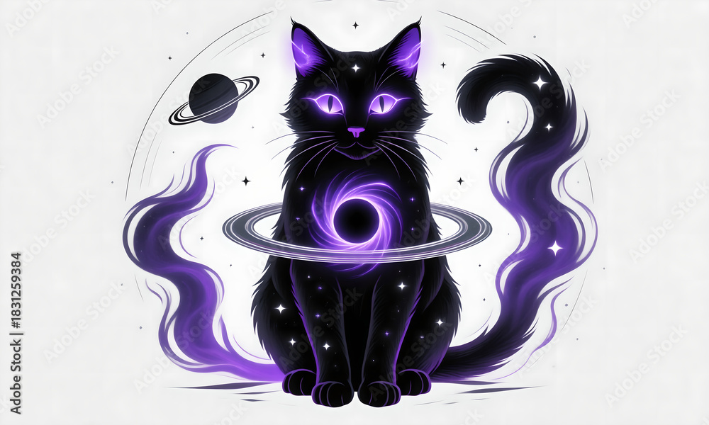 Obraz premium Mysterious cosmic black cat sitting with glowing purple galaxy energy and stars