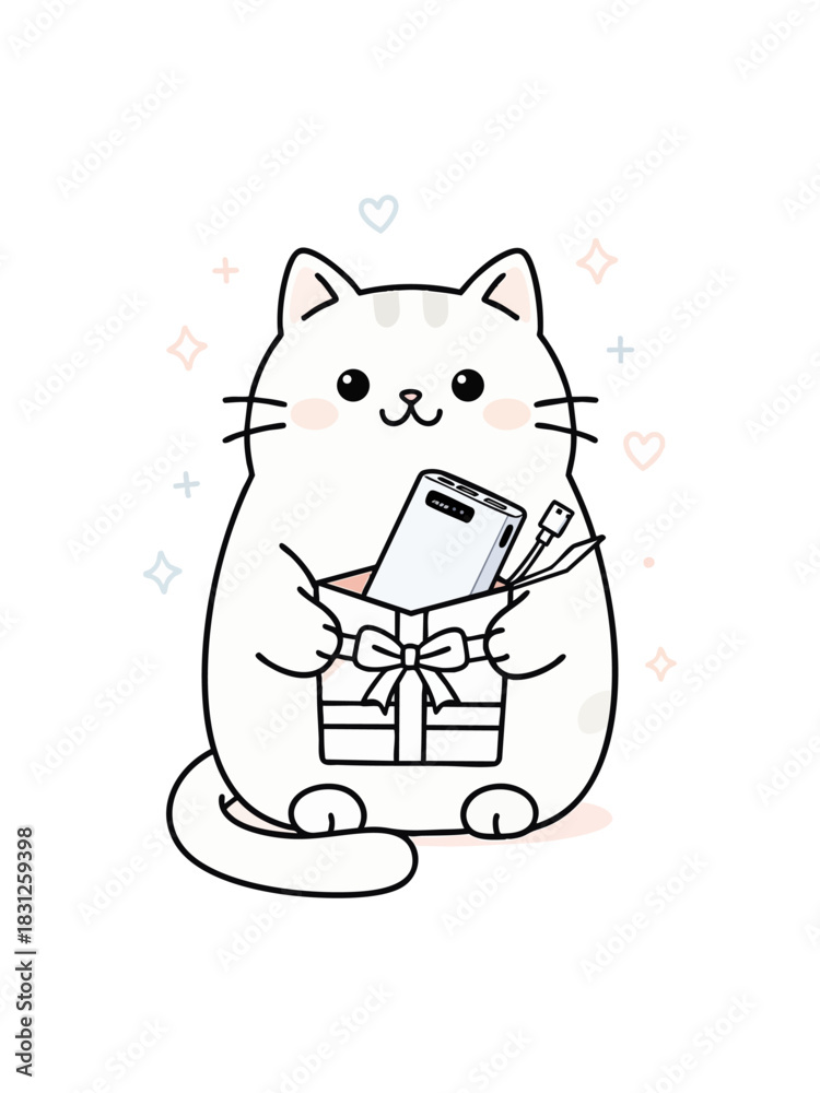 Fototapeta premium A cheerful, chubby kitten character is opening a striped gift box containing a modern portable power bank and its charging cable, depicted in a cute outline vector style