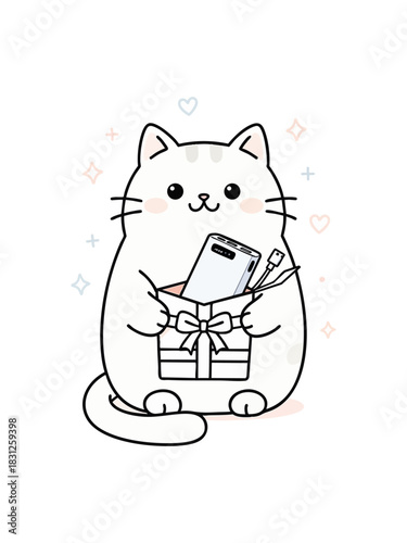 A cheerful, chubby kitten character is opening a striped gift box containing a modern portable power bank and its charging cable, depicted in a cute outline vector style