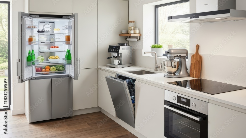 Fototapeta premium Modern kitchen with open refrigerator and stainless steel appliances