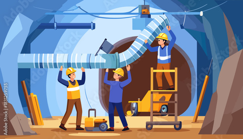 Construction Workers Installing Ventilation System Pipe in Underground Tunnel
