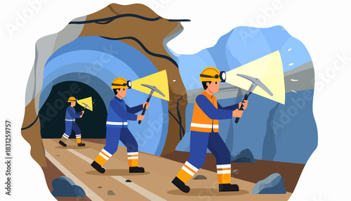 Vector illustration of miners with pickaxes and headlamps exploring a dark mine tunnel