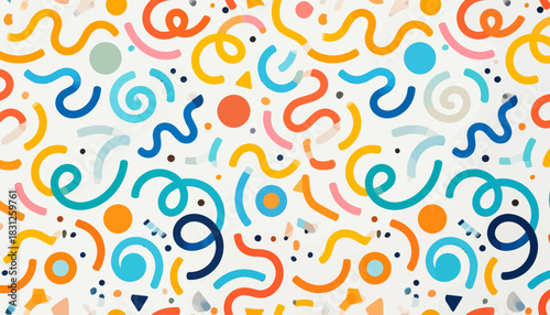 Vibrant abstract geometric pattern with colorful squiggles, lines, and circles on a clean white background.