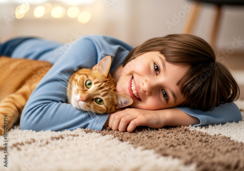 Smiling young girl lying on a rug with her pet ginger cat, enjoying a cozy moment at home