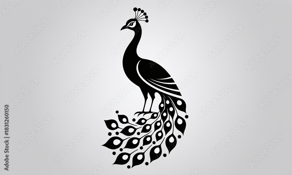 Fototapeta premium Elegant Black Silhouette Peacock Vector Illustration with Fanned Tail Feathers on a Minimalist Background
