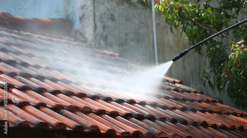 Nettoyage d'un toit avec un jet d'eau sur tuiles à l'extérieur d'une maison.