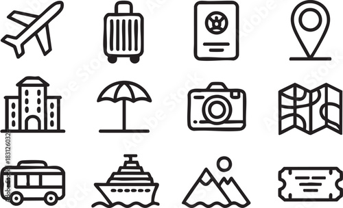 A comprehensive set of essential black line travel and tourism icons, ideal for web, app, and graphic design. Depicts global adventure, vacation, and journey elements