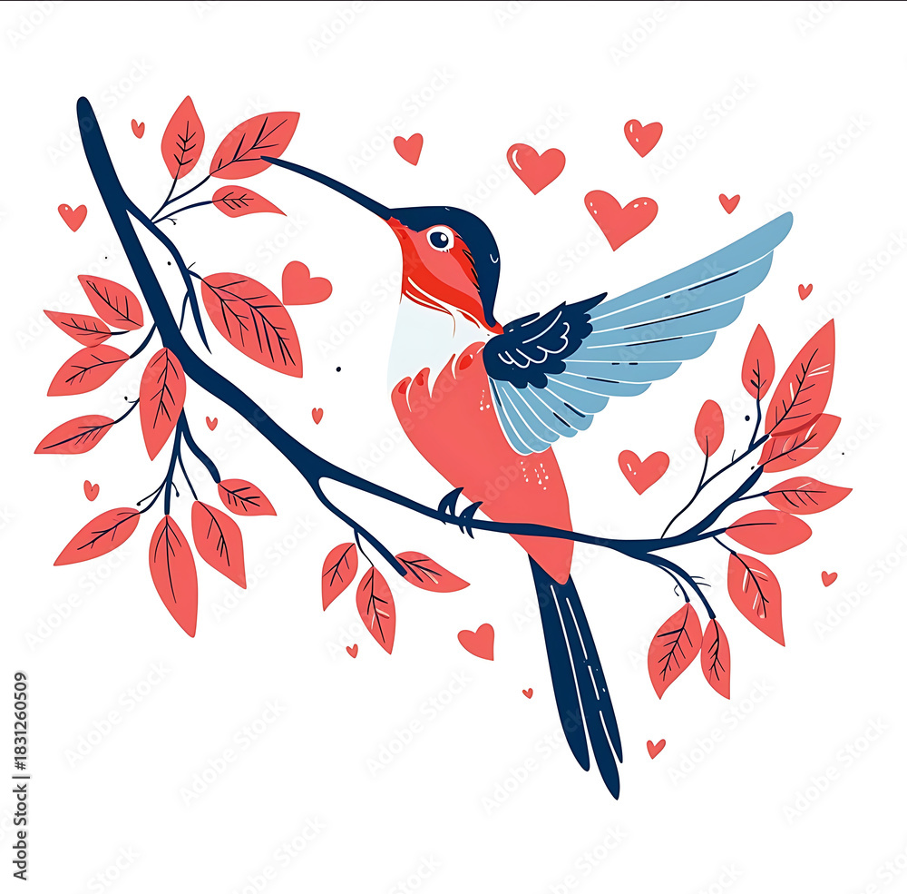 Obraz premium vector illustration of a red and blue humming bird with on a tree branch and heart shaped beaks on a white background cursive shapes minimalism flat design with pi