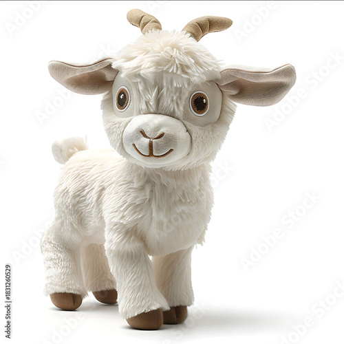 Realistic goat stuffed toy with embroidered eyes standing cute realistic stuffed toy white background product photography 8K