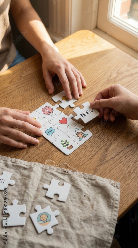 Obraz premium hands assembling self care balance puzzle with wellbeing icons