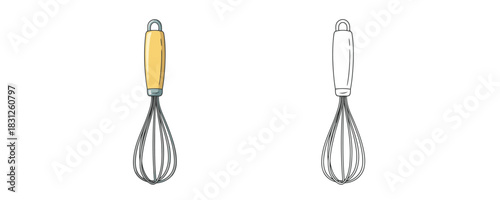 Vector illustration featuring a wire whisk with a yellow wooden handle in two styles: a colored version with shading and a minimal black outline contour version