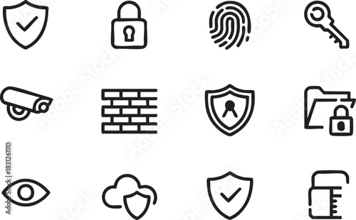 Curated collection of sleek line icons for digital security, internet protection, data privacy, and comprehensive cybersecurity, suitable for modern technology and design applications
