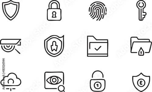 Cybersecurity and Data Protection Icons Shield, Padlock, Fingerprint, Key, Camera, Cloud, and Firewall Symbols for Digital Safety and Privacy