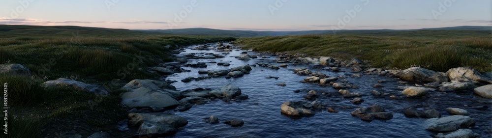 Obraz premium Hdr panoramic stream landscape at sunset nature photography scenic view