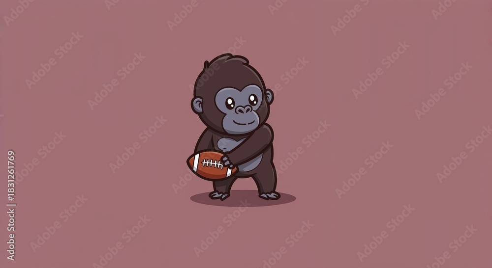 Fototapeta premium Rugby Gorilla's Dream: A charming gorilla cub, full of youthful energy, holds a rugby ball, looking excited, full of excitement, ready to play, and dreaming big.