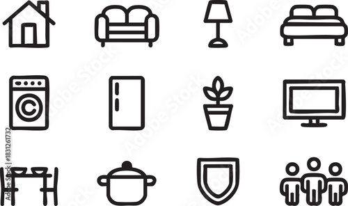 House, sofa, lamp, bed, washing machine, fridge, plant, TV, and group icons on transparent background