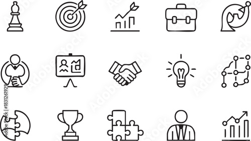 Isolated business planning icons with chess piece, handshake, trophy, and puzzle line art
