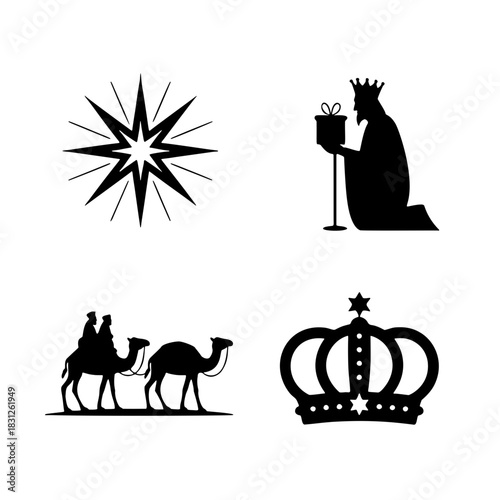Silhouette Collection of the Three Wise Men: A minimalist collection presents the journey and symbols associated with the Three Wise Men, showcasing a shining star.