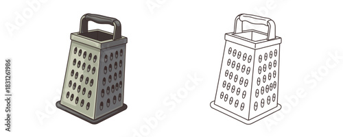 Vector illustration featuring a four sided metal box grater with a dark handle in two styles: a colored gray version and a minimal black outline contour version