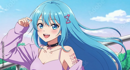 Anime-Style Girl's Joyful Day: A vibrant anime-style character with flowing blue hair and cheerful expression, radiating happiness against a clear sky backdrop.