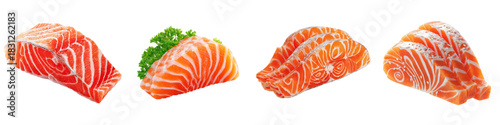 Fresh salmon sashimi slices ready for a delectable sushi platter, ideal for gourmet food blogs, upscale restaurant menus, and vibrant culinary presentations