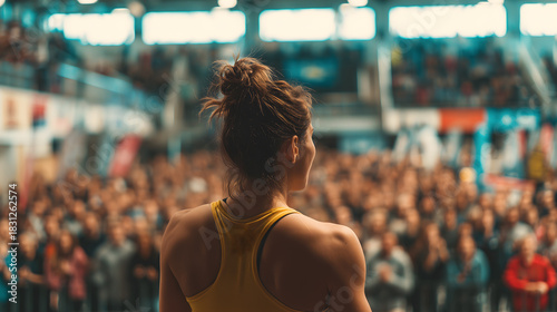 Une personne se tient sur une scène devant une foule lors d'un événement sportif ou d'une compétition.