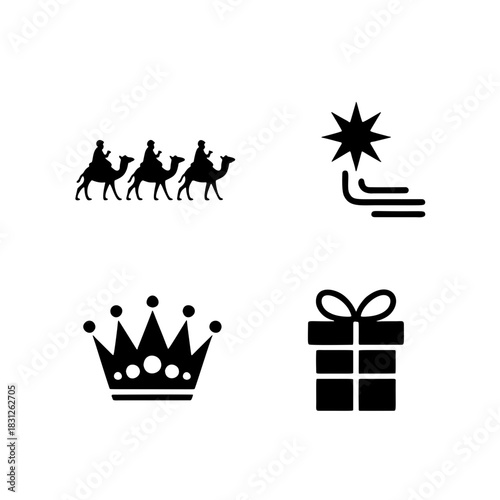 Wise Men Journey: A symbolic black and white illustration depicts the timeless tale of wise men following a guiding star, each riding atop a camel, representing a journey filled with faith, gifts.