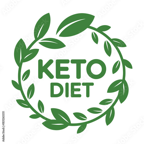 Green wreath of leaves encircles the text 'KETO DIET' symbolizing healthy eating.