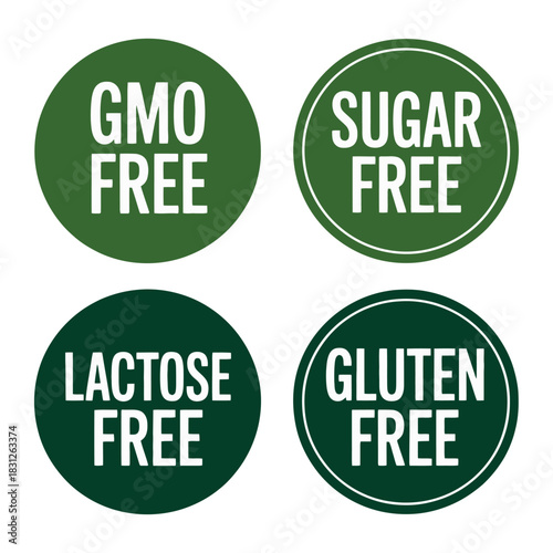 Four circular badges indicating GMO free, sugar free, lactose free, and gluten free.