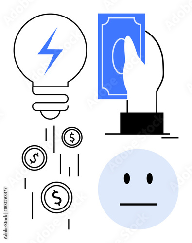 Lightbulb emitting coins, hand holding cash, and neutral face symbolizing financial decisions, energy spending, and reactions. Ideal for finance, energy, emotion, investment minimalism