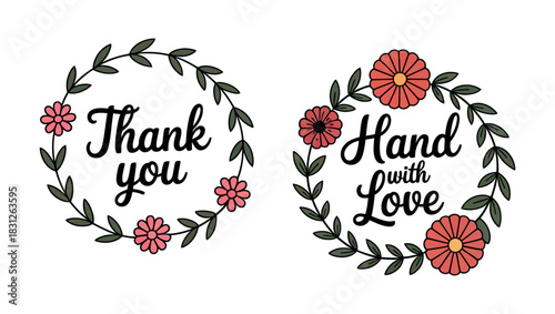Two decorative floral wreaths with handwritten text saying 'Thank you' and 'Hand with Love'.