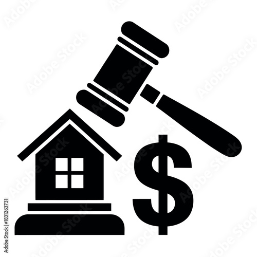 A gavel striking a house and a dollar sign, representing a real estate auction sale.