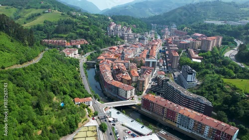 Aerial panoramic view of the downtown in the city Elgoibar in Spain on a sunny spring day. 