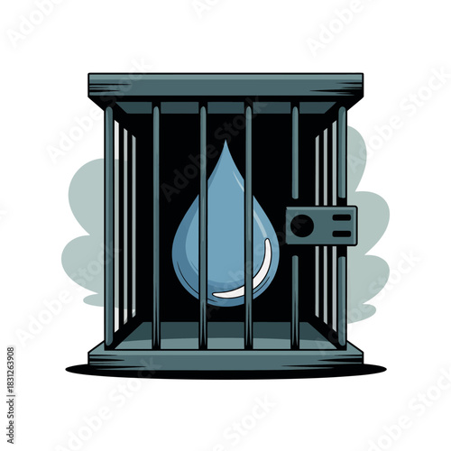 A single drop of water is trapped inside a dark cage, symbolizing scarcity.