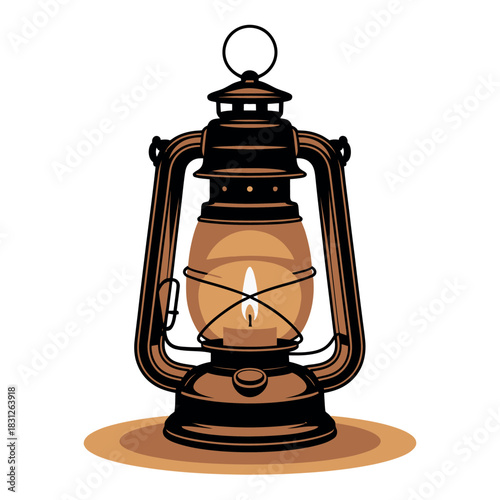An old-fashioned kerosene lantern provides warm light with a flickering flame.