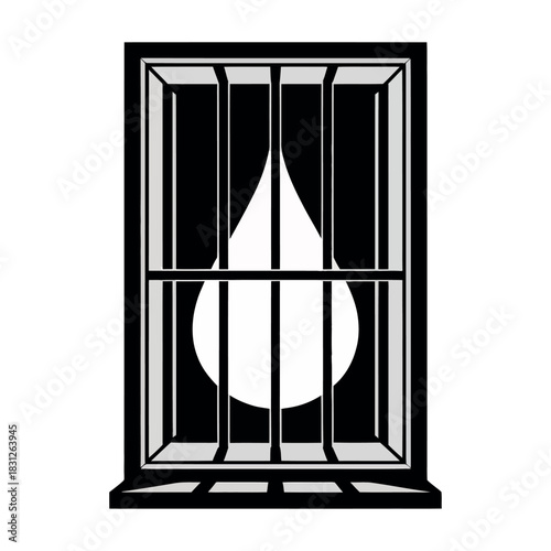 A drop of water is trapped behind the bars of a window, symbolizing confinement and scarcity.